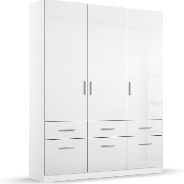 Rauch Möbel Celle Kleiderschrank Weiß Hochglanz, 3-türiger Drehtürenschrank mit 6 Schubladen, Kleiderschrank für Schlafzimmer