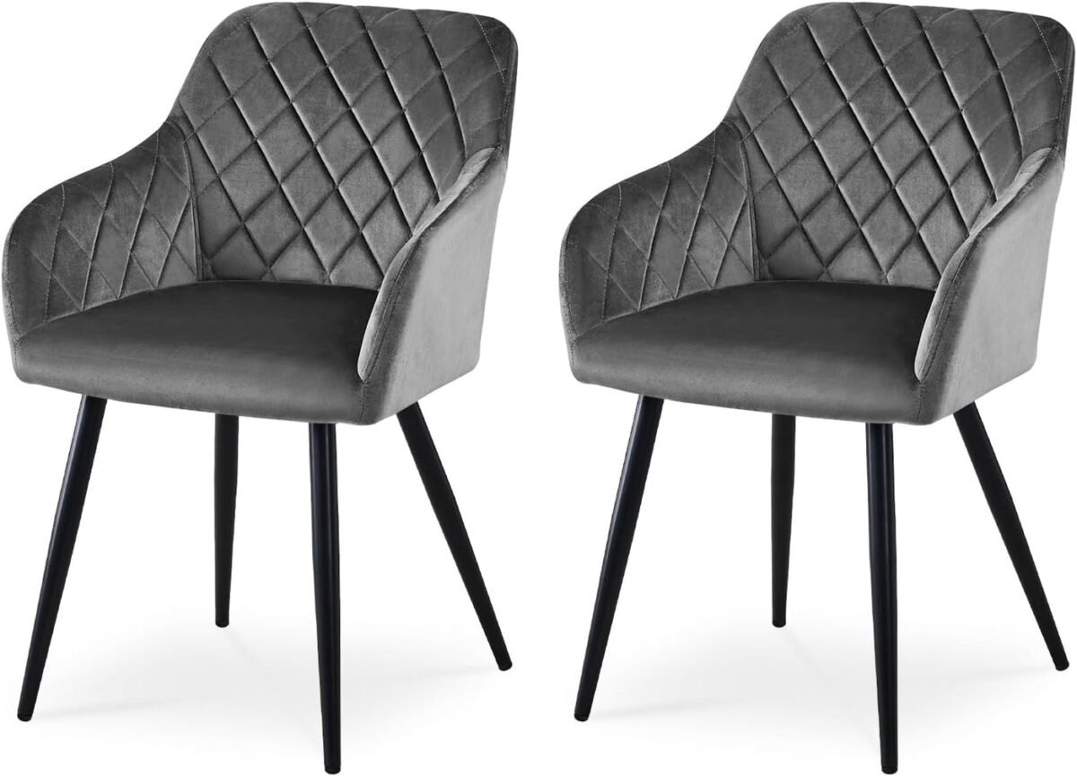 CLIPOP Esszimmerstühle 2er Set, Küchenstühle Grau Samtstoff stühle Polsterstühle mit Armlehne Metallbeine Polstersessel Stühle für Esszimmer Küche