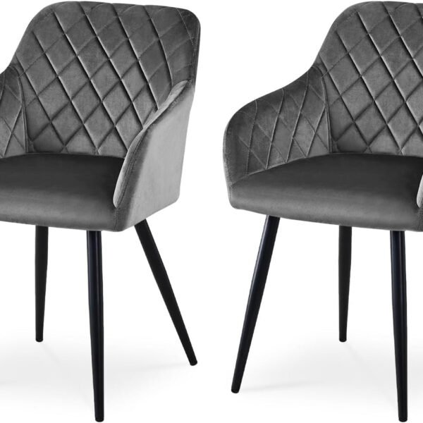 CLIPOP Esszimmerstühle 2er Set, Küchenstühle Grau Samtstoff stühle Polsterstühle mit Armlehne Metallbeine Polstersessel Stühle für Esszimmer Küche