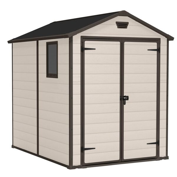 Keter Manor Outdoor Apex Double Door Garden Storage Shed 6 x 8ft Beige Brown Wood Effect