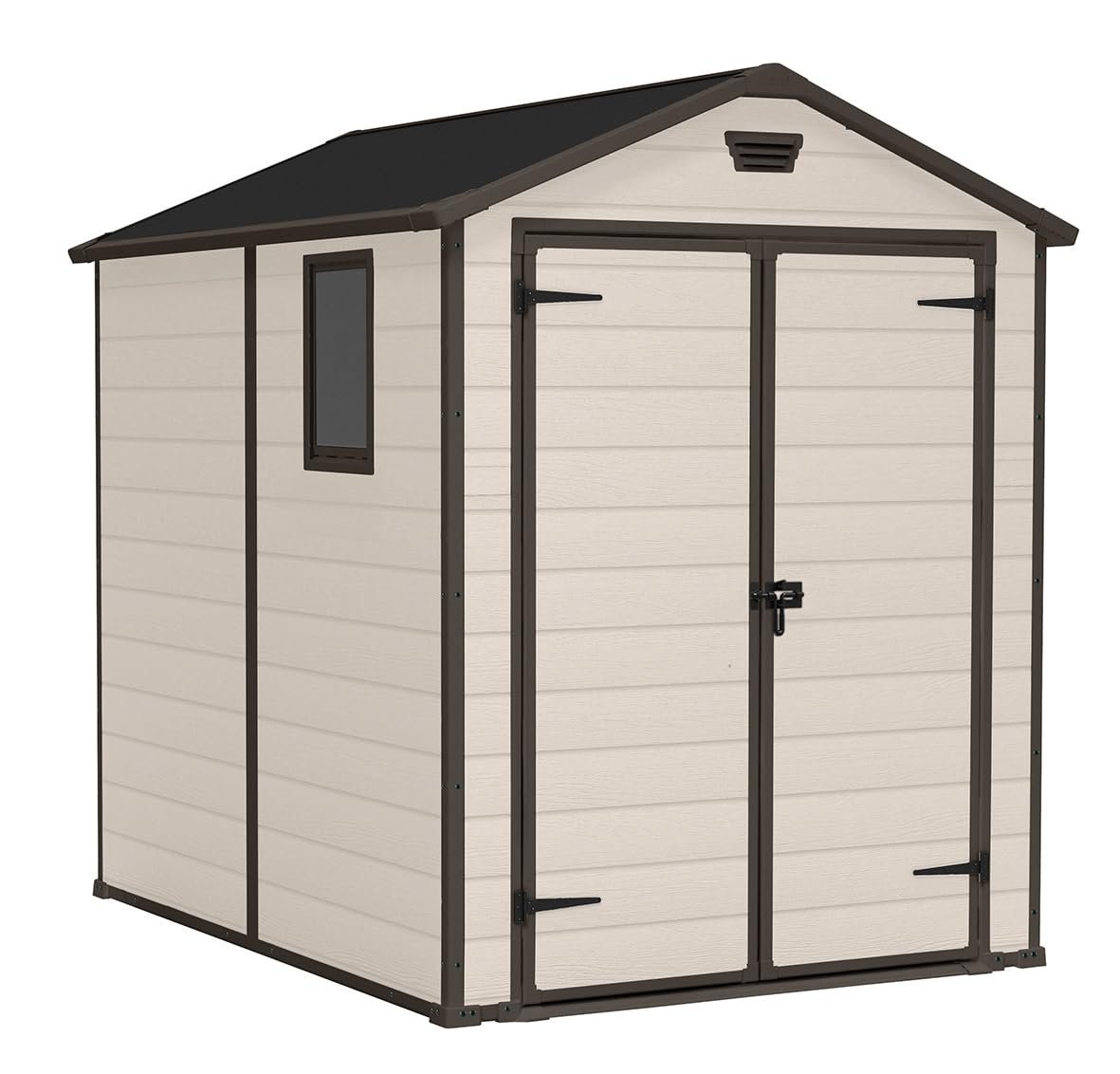 Keter Manor Outdoor Apex Double Door Garden Storage Shed 6 x 8ft Beige Brown Wood Effect