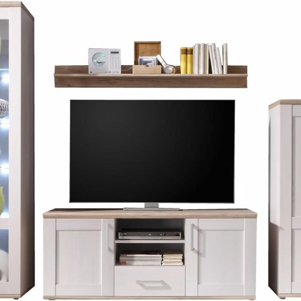 Stella Trading ROMANCE Wohnwand Wohnzimmer Set mit LED-Vitrine, Stauraum, Sibiu Lärche & Eiche San Remo