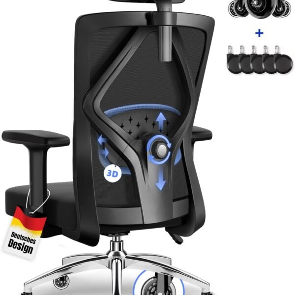 Daccormax Bürostuhl, Bürostuhl Ergonomisch Schreibtischstuhl mit Verstellbaren Armlehnen, Kopfstütze und weiche Lendenstütze aus Naturschwamm