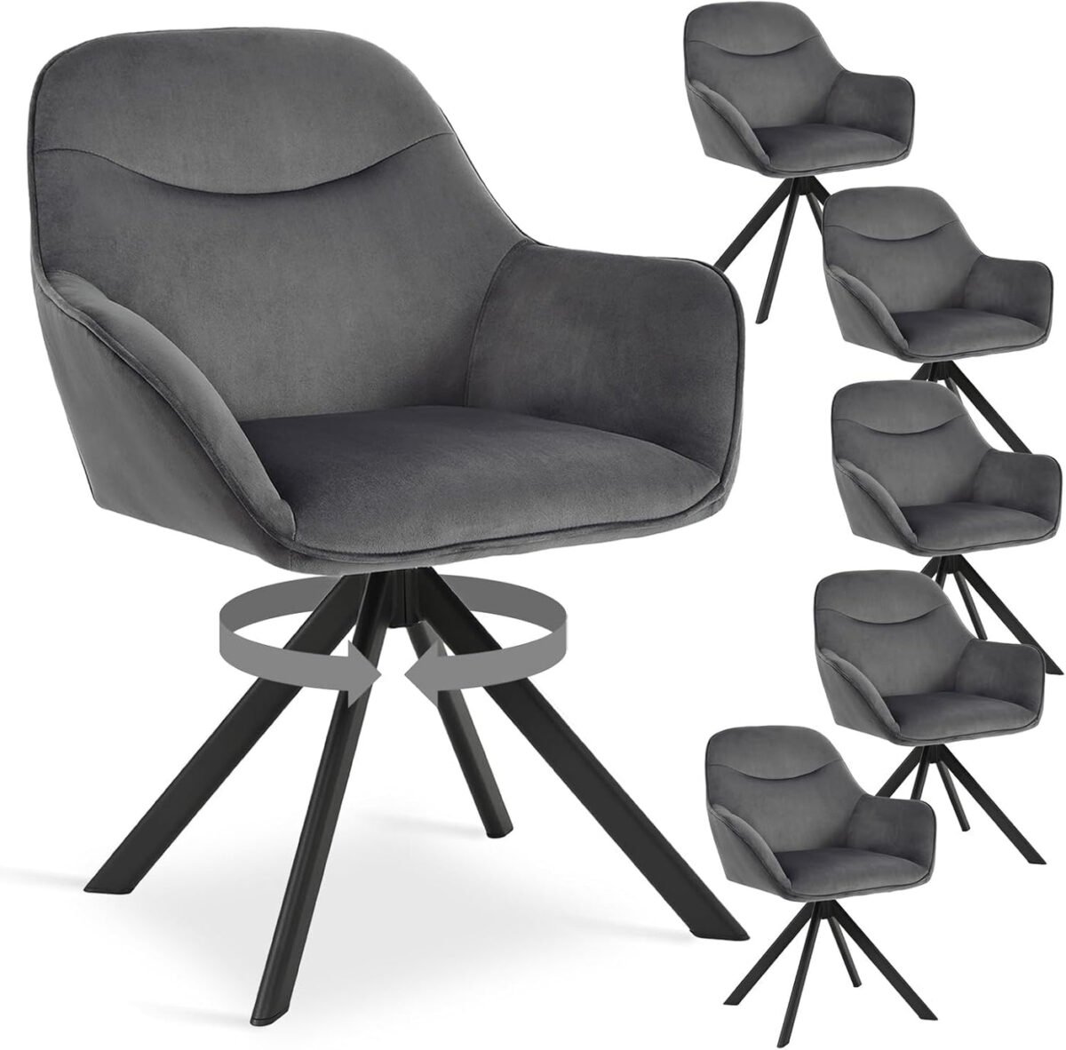 6er Set Esszimmerstühle Drehbar mit Armlehne, 360° Drehstuhl Polsterstuhl Samt Modern Küchenstuhl mit Metallbeine für Esszimmer, Wohnzimmer, Büro
