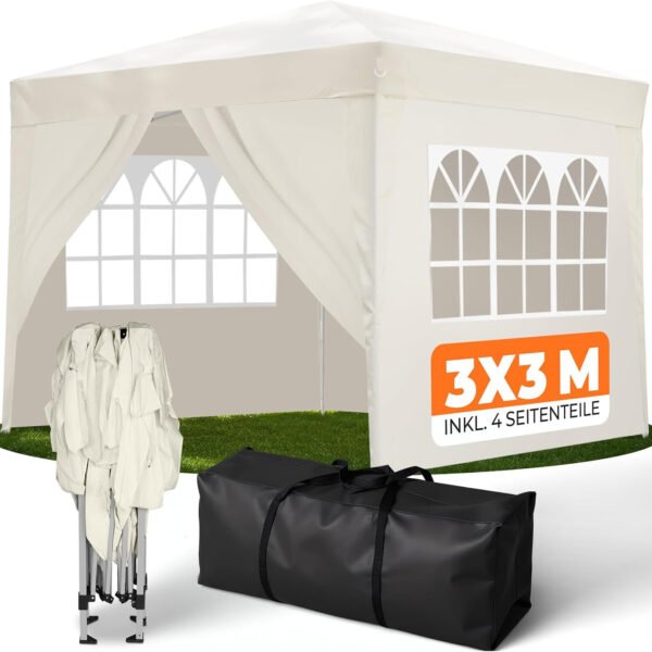 Kronenburg Faltpavillon wasserdicht Dachmaß 3 x 3 m UV Schutz 50+ Pavillon in Champagner mit 4 Seitenteilen