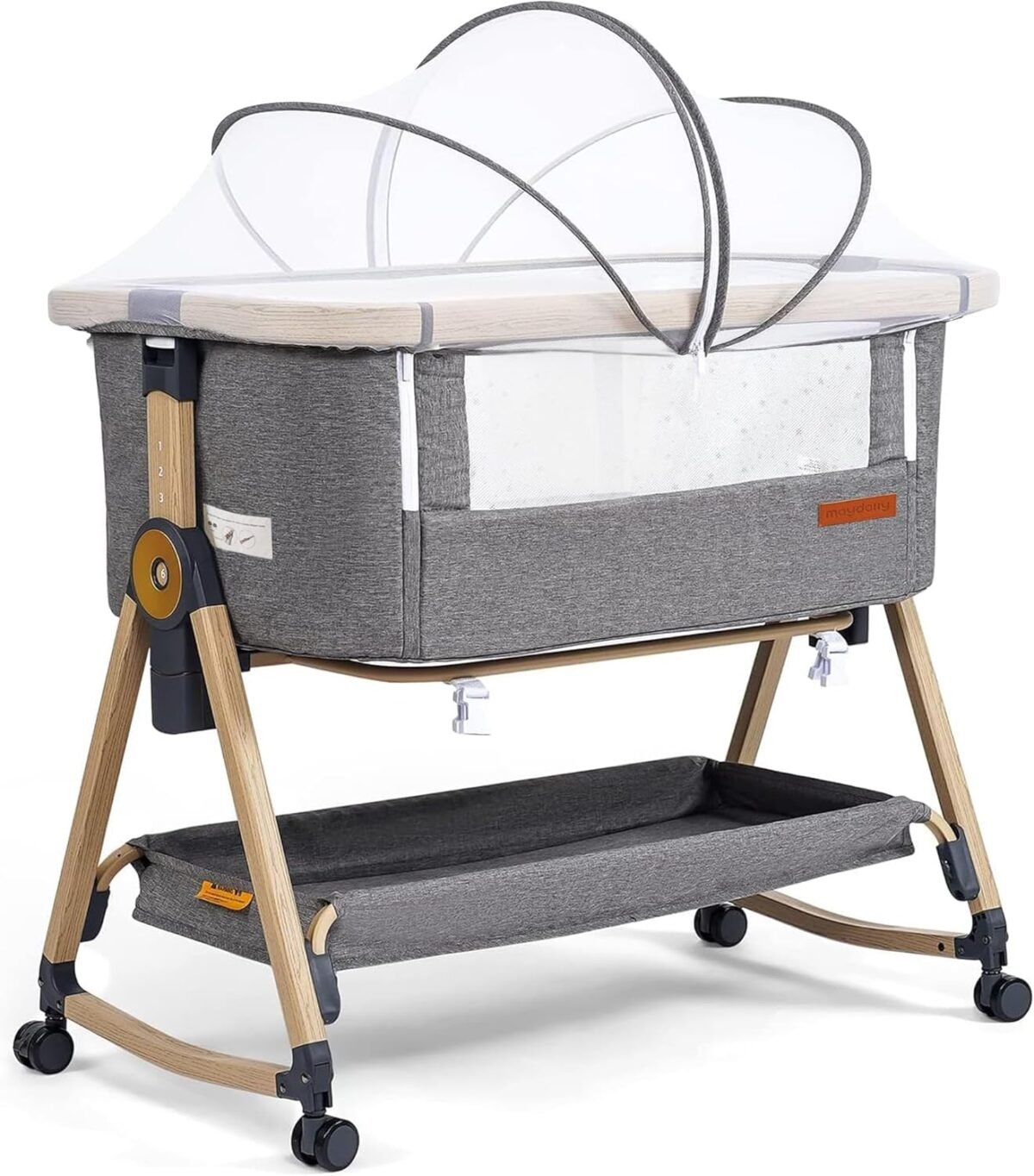 Maydolly 3-in-1 Beistellbett Baby Grau mit Matratze, höhenverstellbares Babybett mit Rollen & Moskitonetz