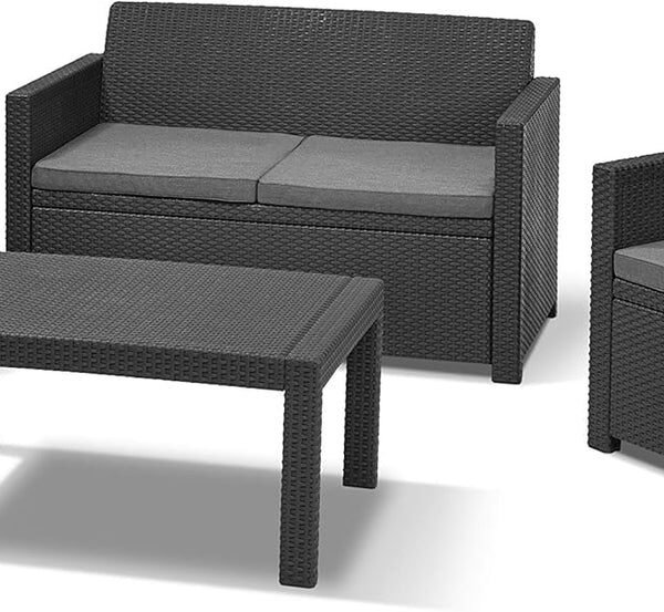 Keter Merano Gartenmöbel Set 4-teilig Grau mit Sitzkissen – Gartenlounge mit Sofa, 2 Sesseln & Tisch für Garten und Terrasse