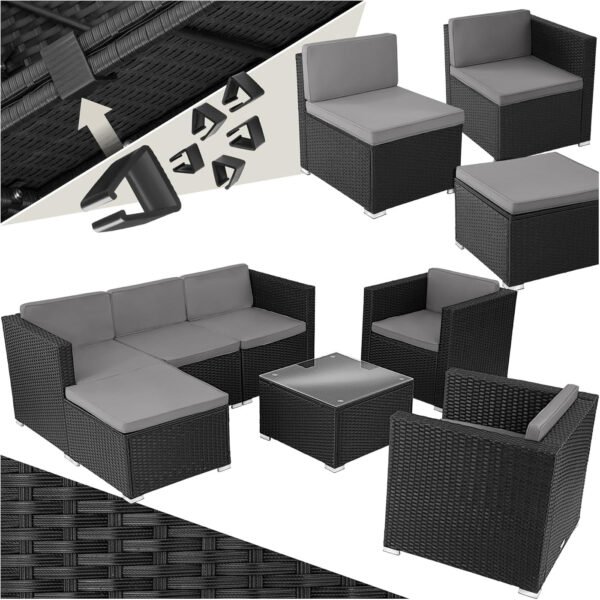 tectake Gartenmöbel Set Poly Rattan mit Sofa, Sesseln, Hocker & Tisch, modulare Gartenlounge wetterfest für Garten, Terrasse & Balkon