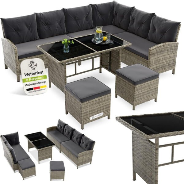 Juskys Gartenlounge Polyrattan Grau, Ecksofa mit Tisch & 2 Hockern, Gartenmöbel Set für 7 Personen, wetterfest
