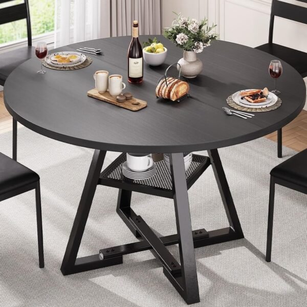 Jocoevol Esstisch Runder für 2–4 Personen, Esszimmertisch mit Ablage, platzsparender Küchentisch aus Holz im Industrial Design (Schwarz, 107x107x76cm)