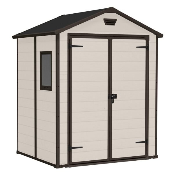 Keter Manor Outdoor Apex Double Door Garden Storage Shed 6 x 5ft Beige Brown Wood Effect