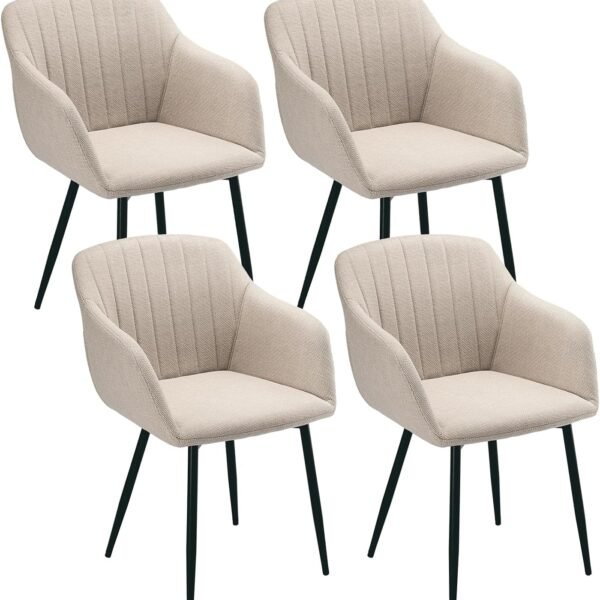 Esszimmerstühle Beige 4er Set mit Armlehnen, Modern Polsterstühle Leinen, Küchenstühle mit Metallgestell für Esszimmer, Wohnzimmer, Küche