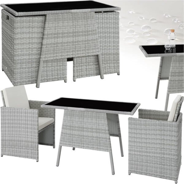 tectake Poly Rattan Balkonmöbel Set für 2 Personen Hellgrau – 2 Sessel & Tisch, Platzsparende Gartenlounge mit Kissen