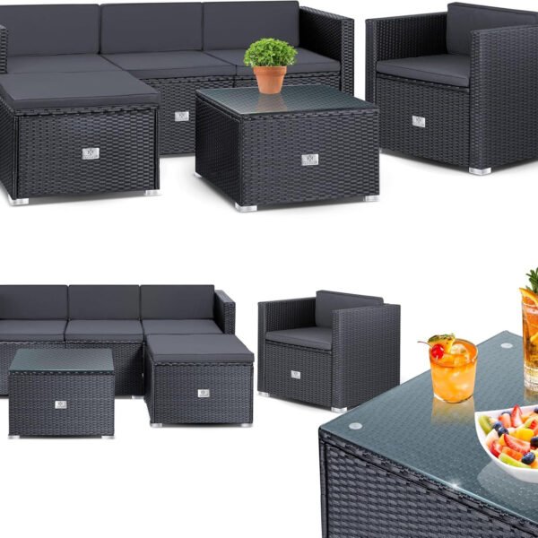 KESSER Polyrattan Lounge Aruba Anthrazit für 4–5 Personen – Gartenmöbel Set mit Sofa, Sessel, Hocker & Tisch
