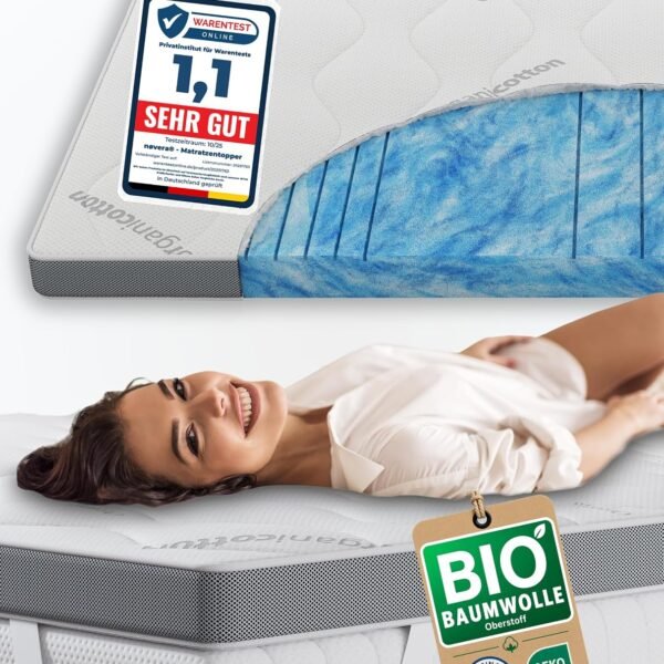 Deluxe Gel Topper 180x200cm | Oberstoff aus 100% Bio-Baumwolle | wolkenweicher 7-Zonen Matratzentopper 180x200cm | Hohes RG 50 | 8cm Matratzen Topper